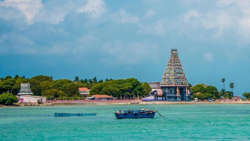 Colourful Hindu temple gopuram on the Jaffna coast near Nainativu, Sri Lanka